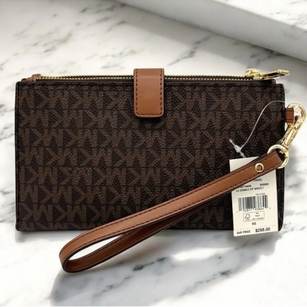 Michael Kors Large Jet Set Travel Double Zip Wallet Brown/Gold